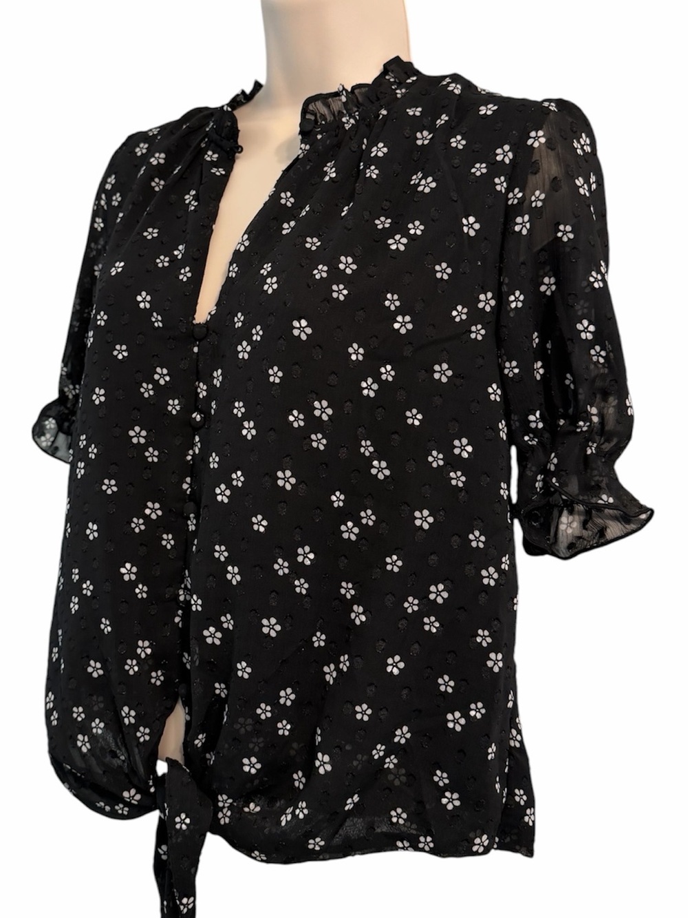 TAMARA H BLACK FLORAL BLOUSE TIE WAIST NWT SIZE MEDIUM